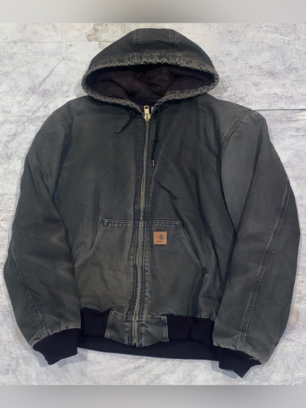 Vintage Carhartt J130 BLK Faded Distress Hooded Work Jacket Coat Duck Canvas M
